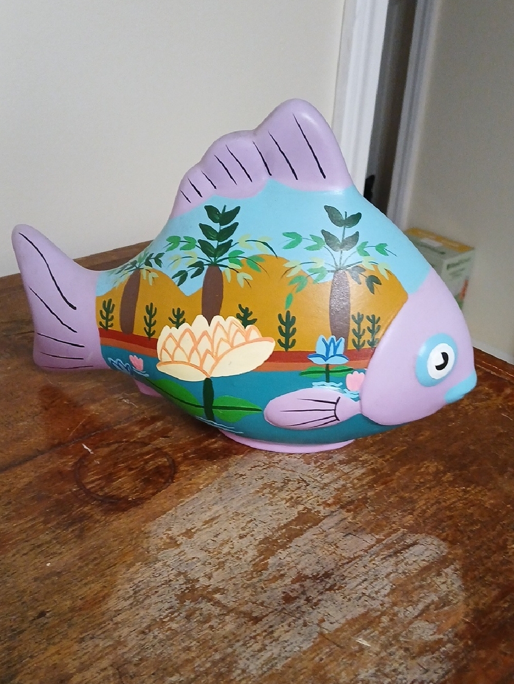 Decorative Purple & Teal Fish Bank - Hand-Painted Aquatic Design